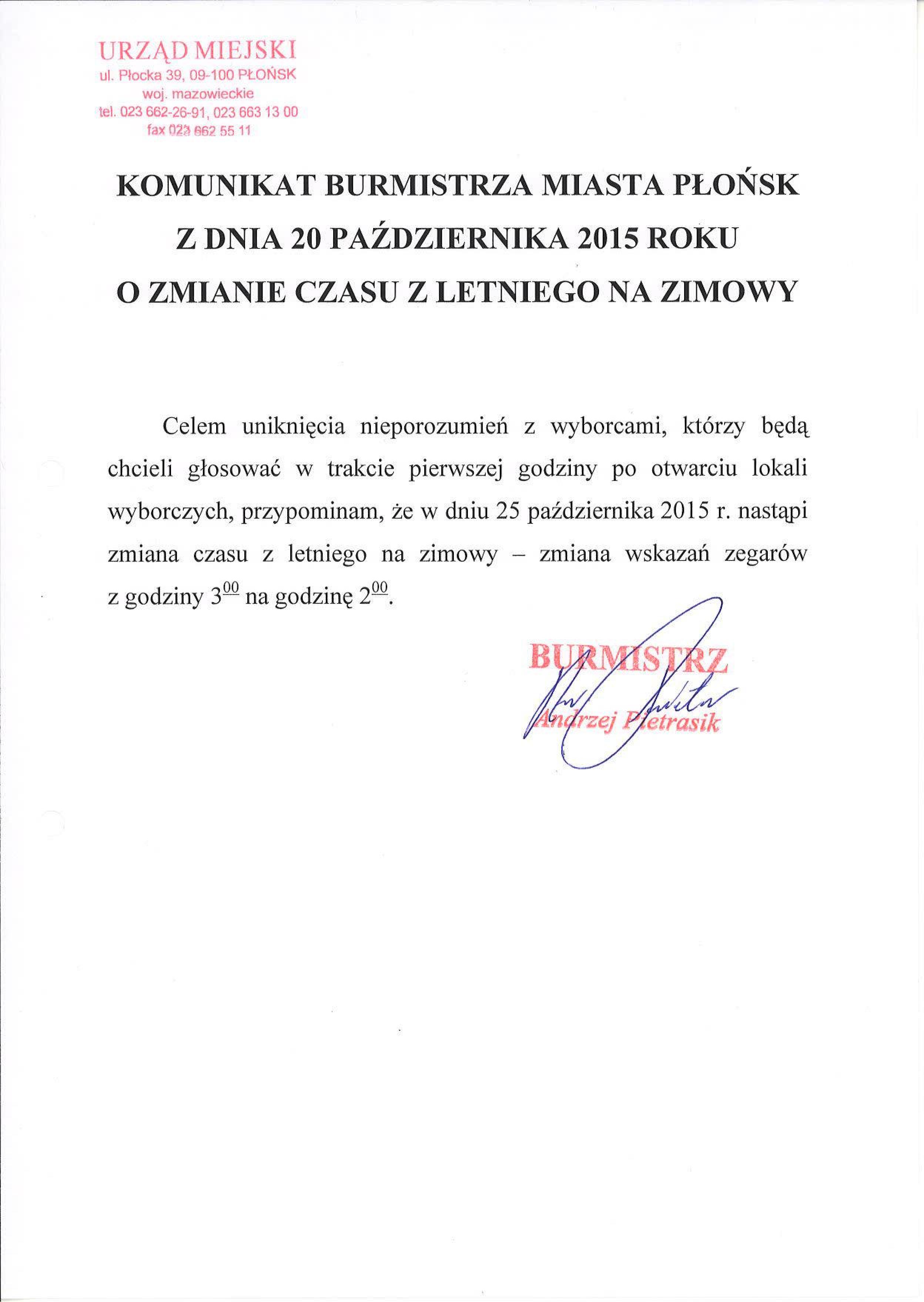 Komunikat Burmistrza Miasta Płońsk z 20.10.2015
