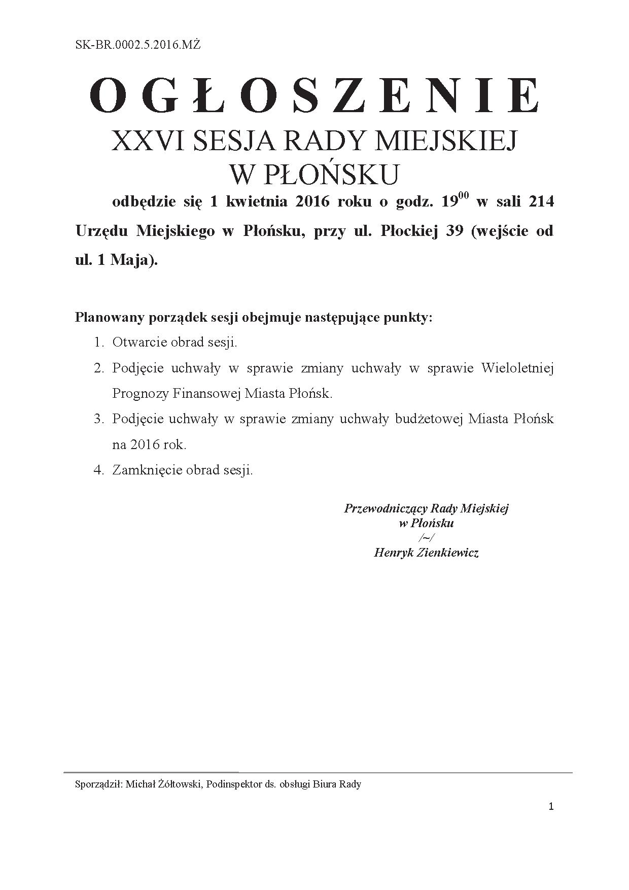 XXVI Sesja Rady Miejskiej w Płońsku