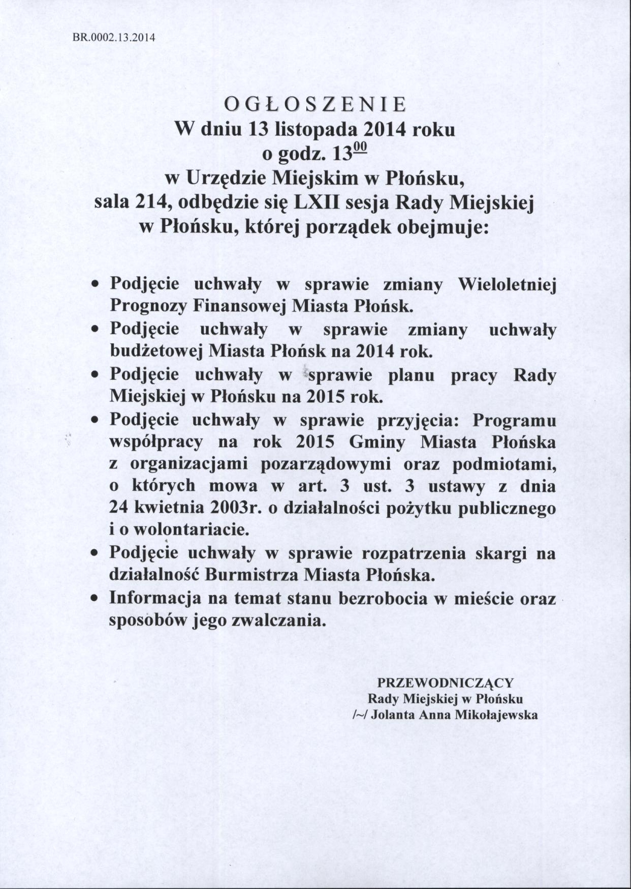 Ogłoszenie o LXII sesji Rady Miejskiej w Płońsku