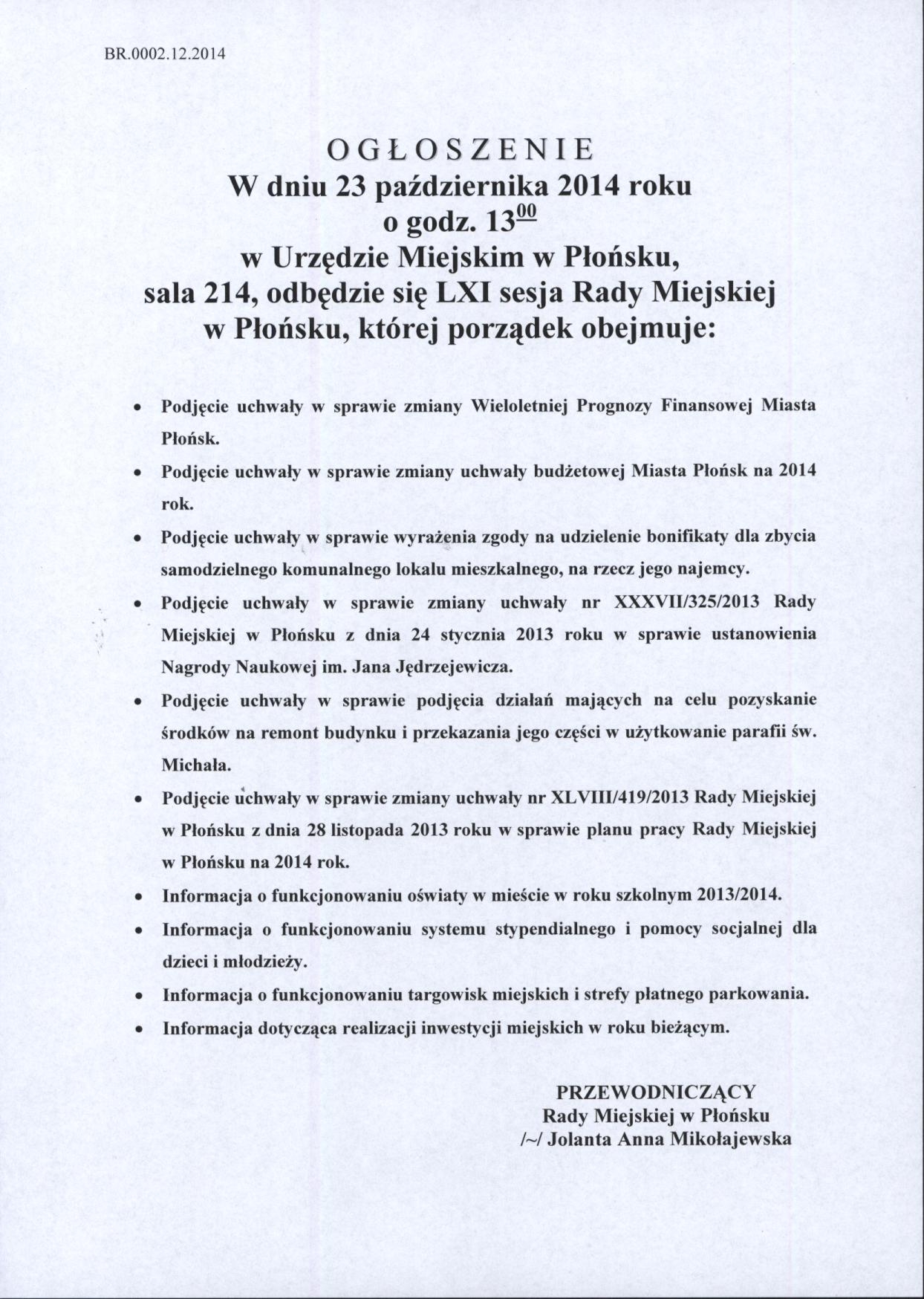 Ogłoszenie o LXI sesji Rady Miejskiej w Płońsku