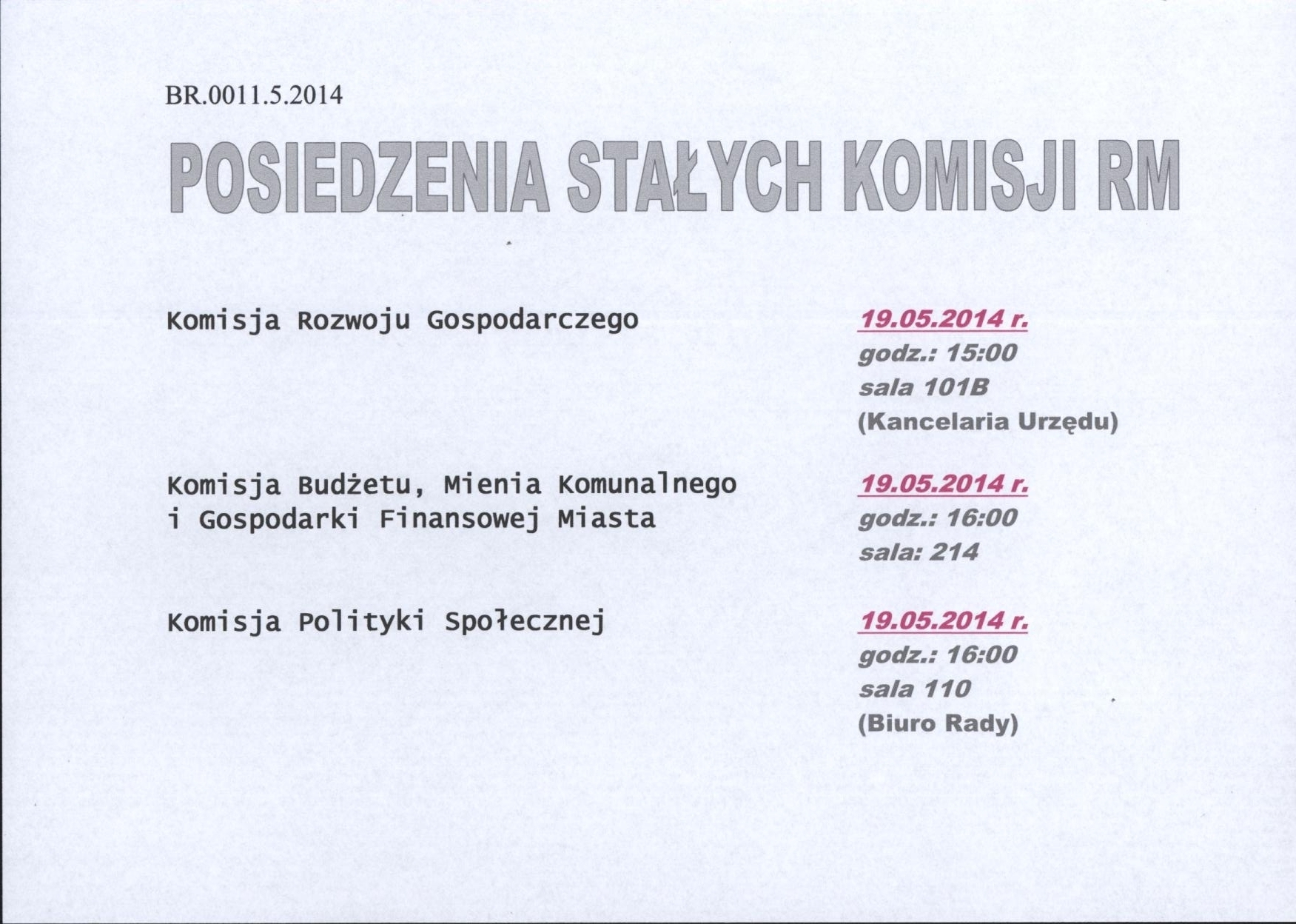 Ogłoszenie komisje przed LV sesją Rady Miejskiej w Płońsku